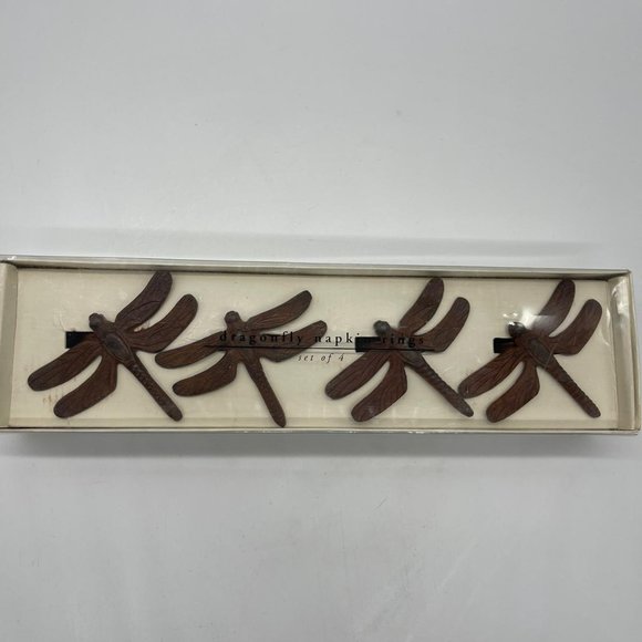 Pier 1 Brown Wooden Dragonfly Napkin Ring Holders New Set of 4 - Picture 2 of 3